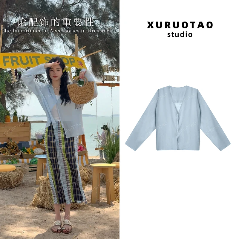 XURUOTAO【加州旅馆】100苎麻显瘦设计感蓝色罩衫衬衫 T5160