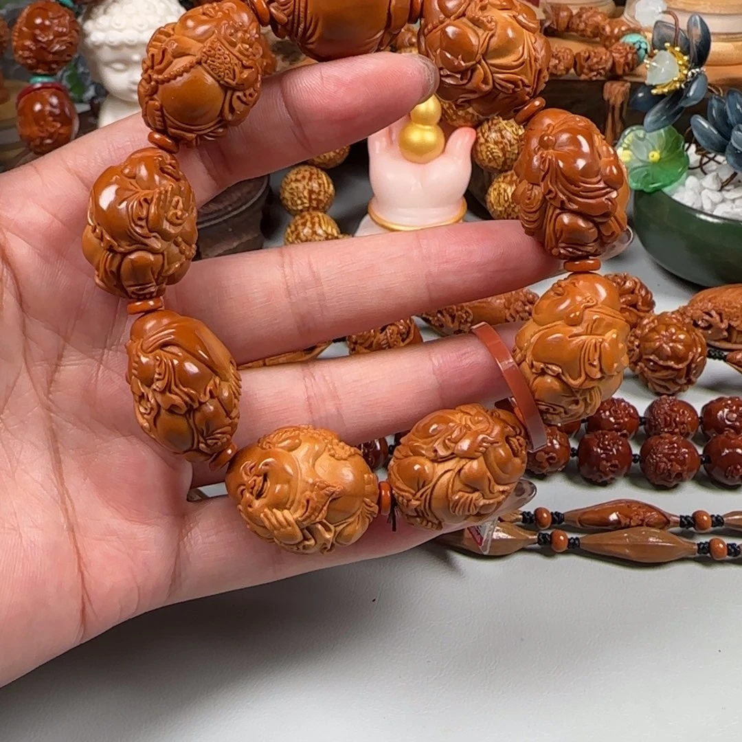 手串/手链橄榄核宽2.2梅林红核八宝弥勒佛
