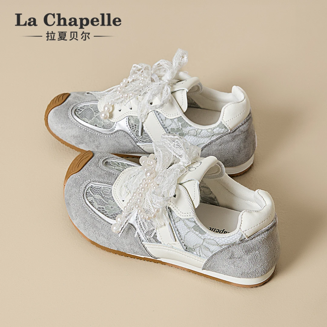 拉夏贝尔蕾丝珍珠德训鞋女2025冬季新款网面透气休闲运动小白鞋子