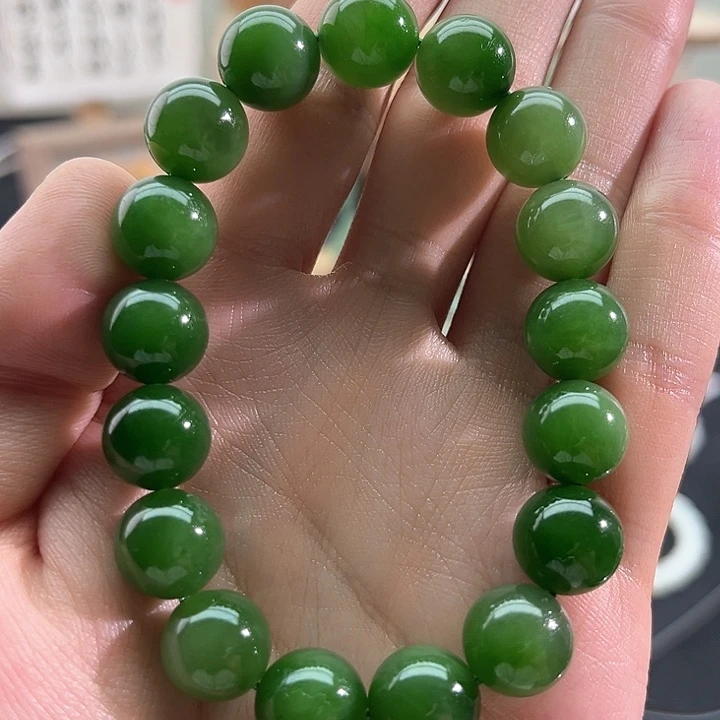 和田玉颈饰未镶嵌碧玉-菠菜绿-12mm手串