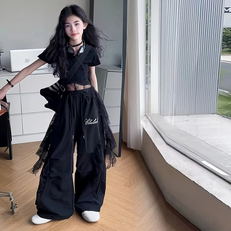 女童潮酷范拼接蕾丝街舞上衣两件套装2025夏季中大童女孩子阔腿裤