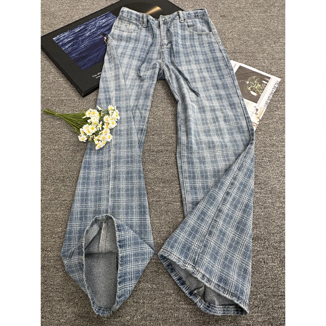 cleanfit浅蓝色格子牛仔裤男款潮牌痞帅高级感裤子宽松直筒微喇裤