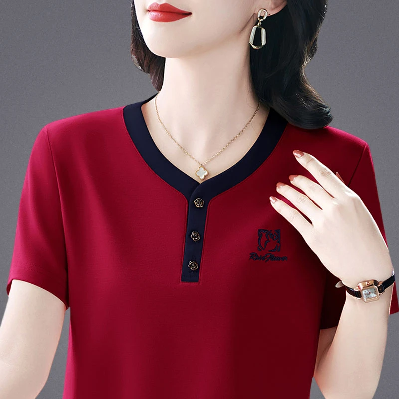 运动休闲妈妈短袖t恤女夏季2025港风宽松时尚刺绣上衣服洋气显瘦