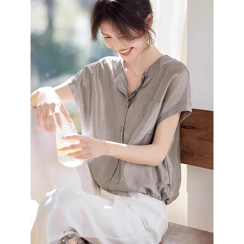 法式高级感小众圆领短袖衬衫2025夏季新款设计感小众衬衣百搭上衣