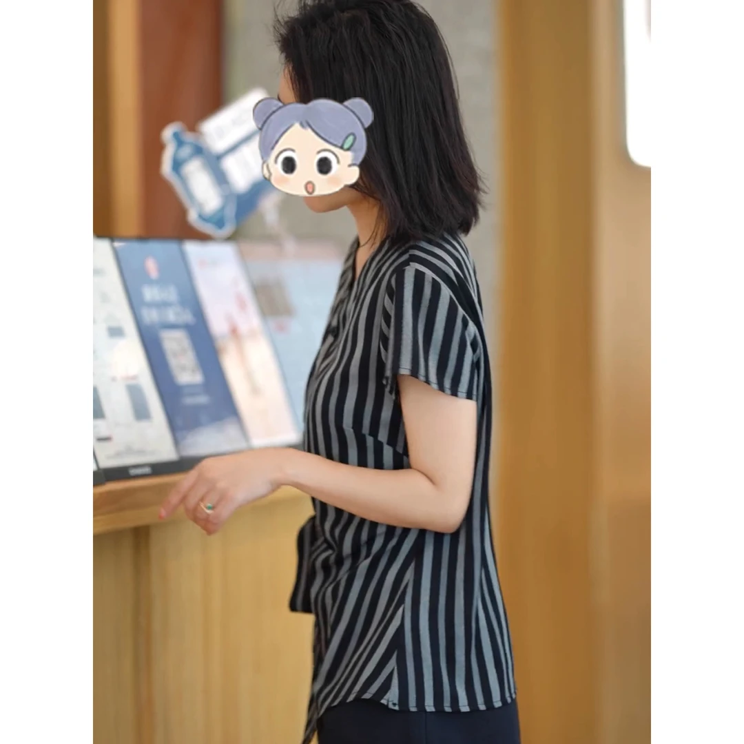 条纹衬衫上衣女夏季2025新款时尚气质设计感百搭显瘦洋气短袖小衫