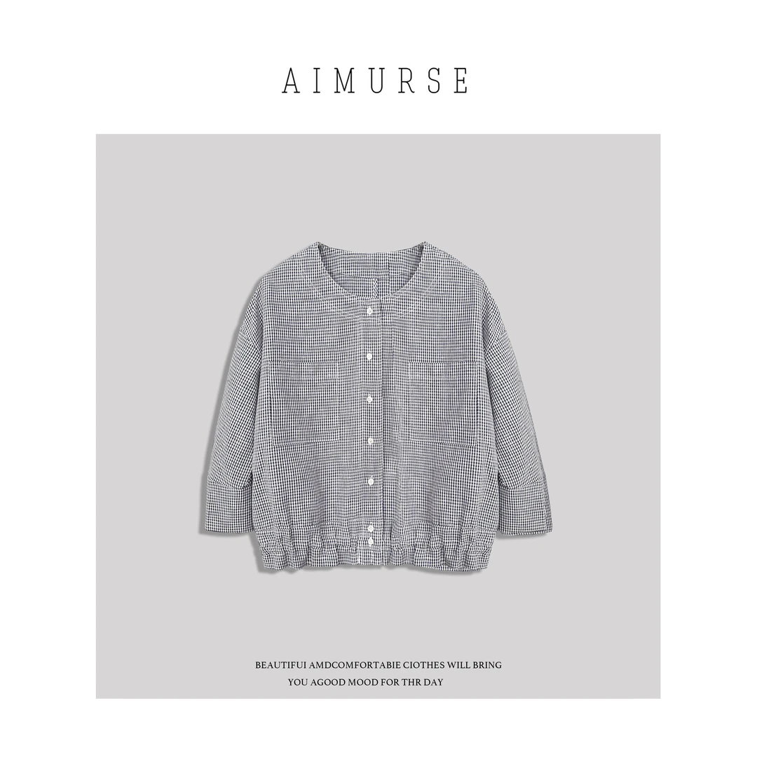 JinJin【假日碎片】小众设计师 休闲简约下摆褶皱格子衬衫 AM5508