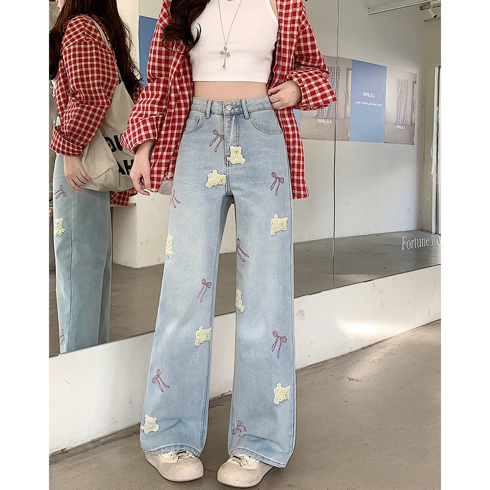 【运费补贴】清长大码胖mm高腰阔腿裤重工小熊刺绣涂鸦牛仔裤65521