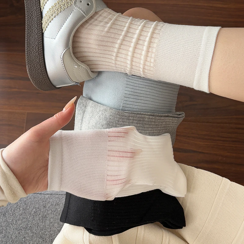 堆堆袜夏季薄款ins风女简约竖条网眼透气中长筒袜外穿搭配德训鞋