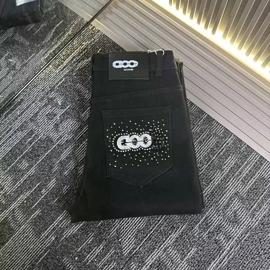 春秋GOOD刺绣字母烫钻潮牌直筒牛仔裤男士潮流痞帅弹力修身长裤男