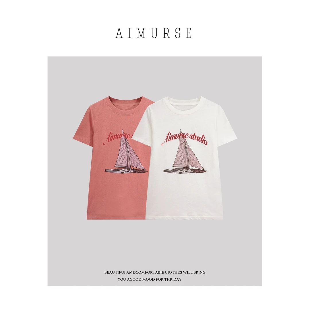 AIMURSE【帆船航行】小众设计师 亚麻棉感帆船百搭休闲T恤 AM70319