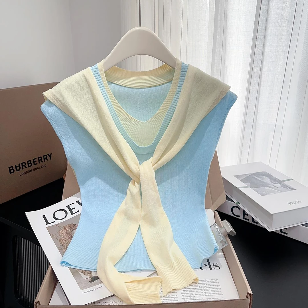 专柜撤回剪标多巴胺穿搭撞色针织T恤女夏新款超好看修身披肩上衣