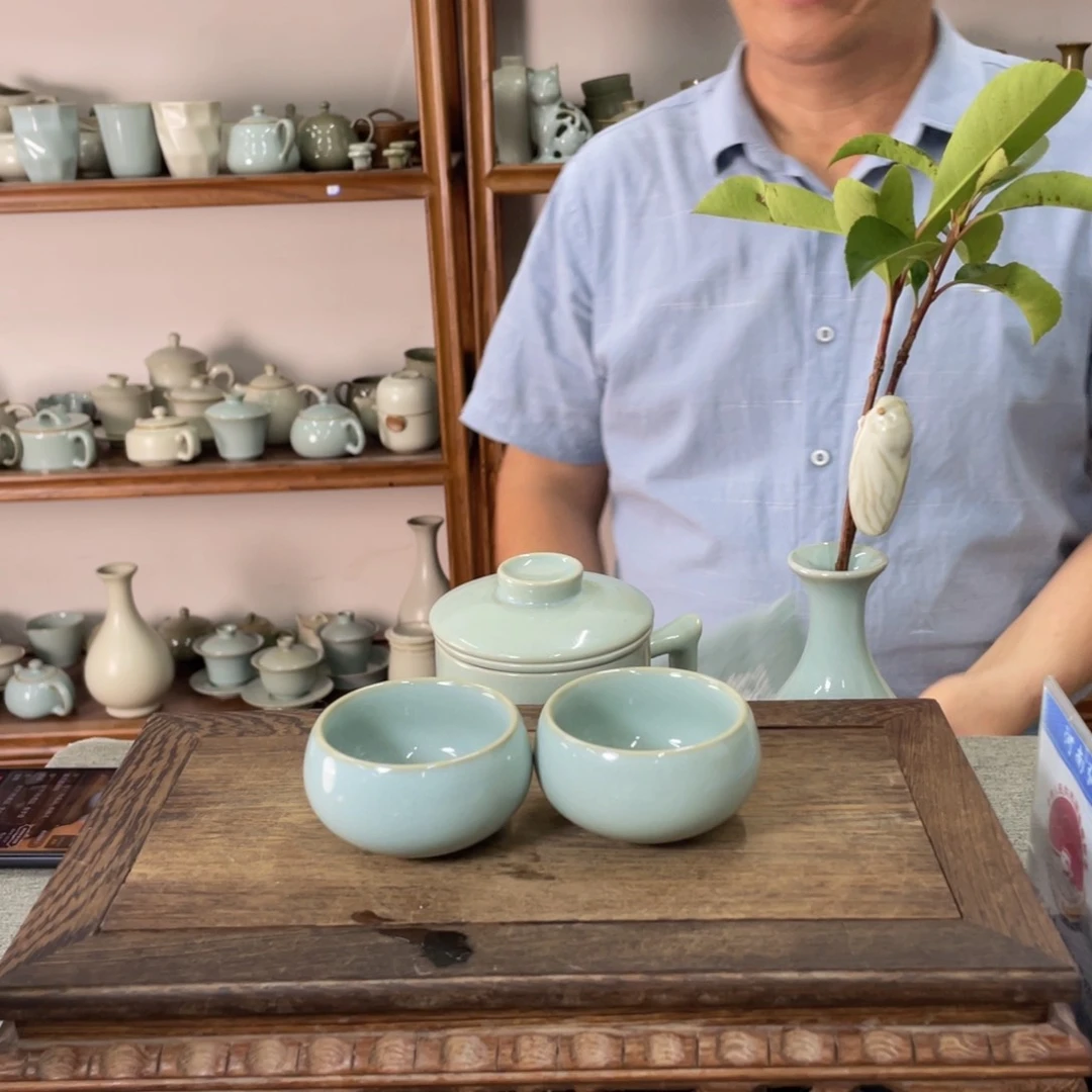 瓷片天青大圆禅定一对
