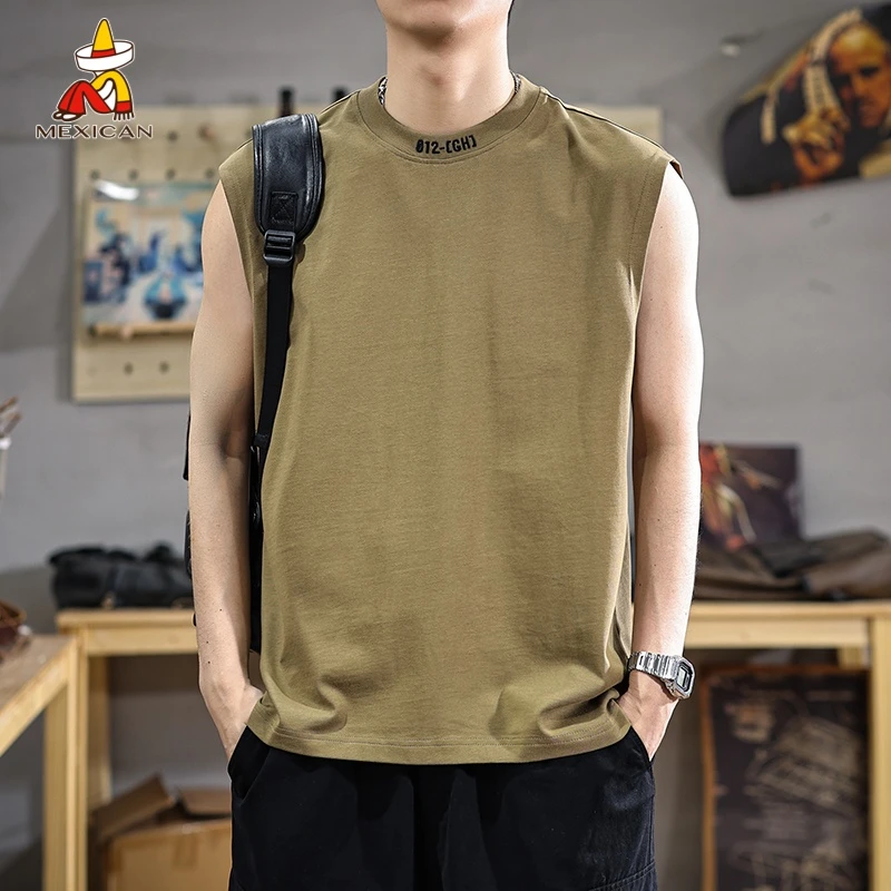 Mexican/稻草人美式休闲男士夏季宽松背心男款坎肩运动刺绣t恤潮