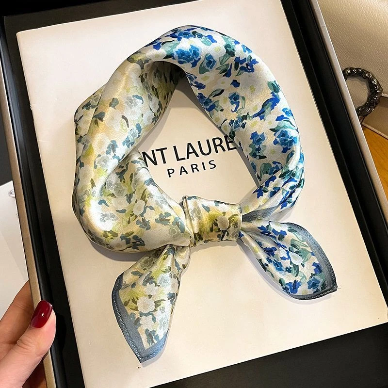 文艺碎花春夏新款53真丝小方巾女丝巾蚕丝时尚洋气领巾装饰小围巾