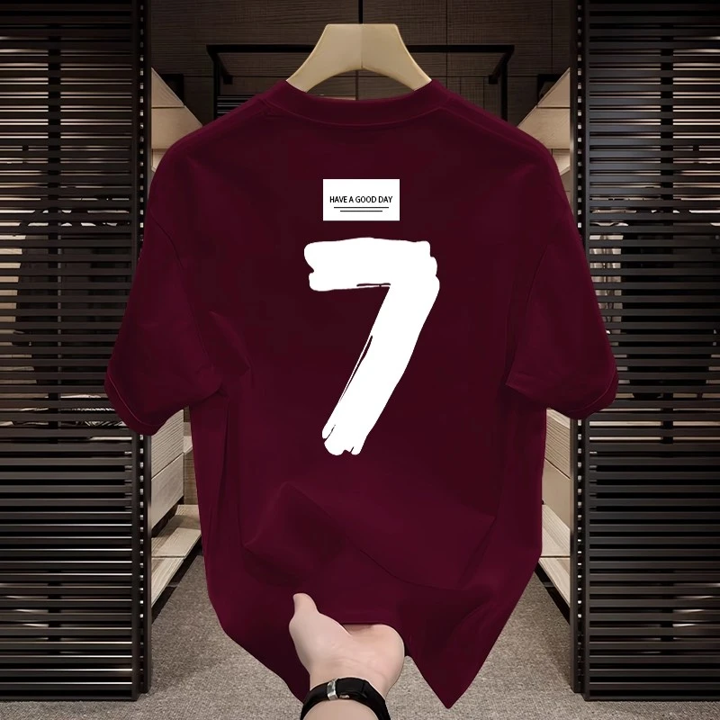 仓石一树潮牌夏季新款酒红色圆领短袖T恤男士印花情侣款重磅上衣