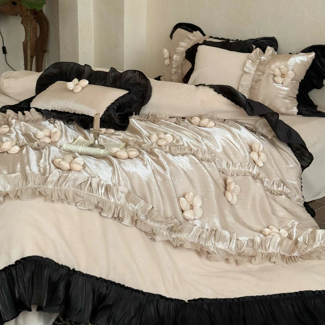 法式奶油冬季公主风加厚保暖立体花朵牛奶绒四豆豆绒四件套床笠