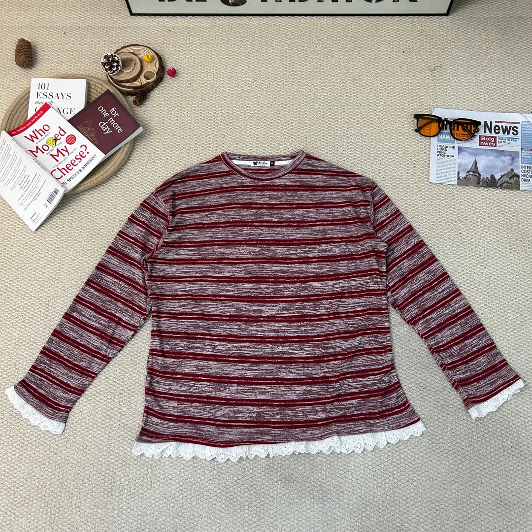 2025春季新款休闲时尚纯色条纹拼蕾丝打底长袖T恤9066