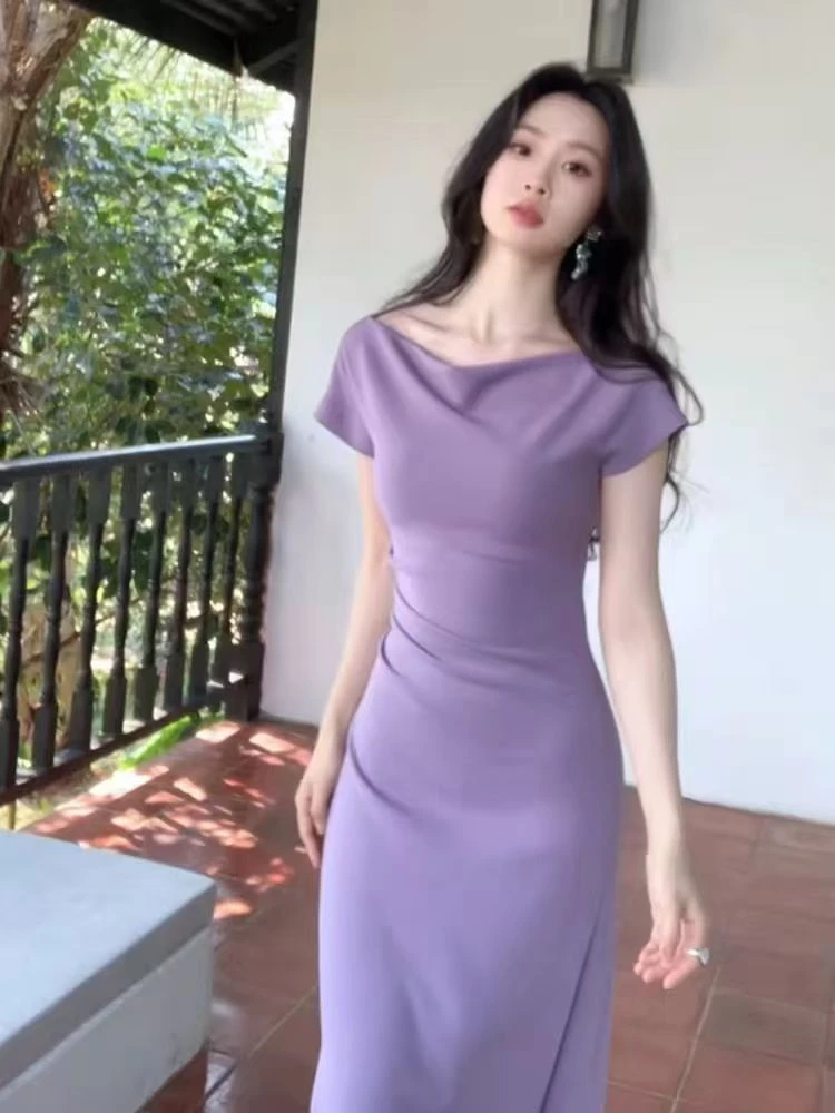 法式紫色小飞袖修身长款裙子女夏季绝美漂亮掐腰设计感斜肩连衣裙