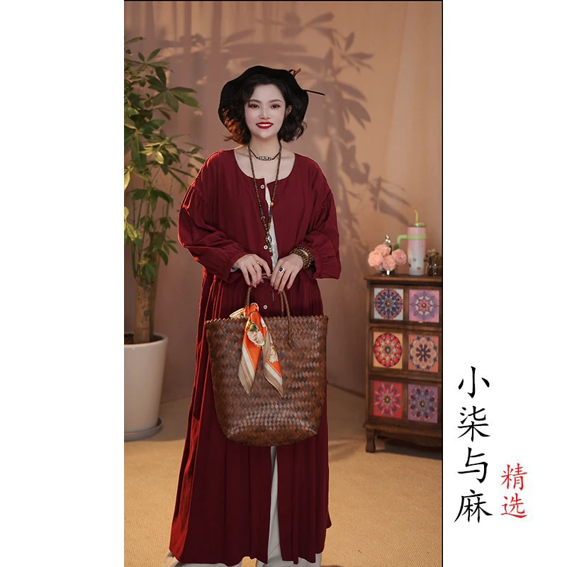 【小柒与麻】圆领灯笼袖腰间拼接风衣外披（衣长118胸围126）红色