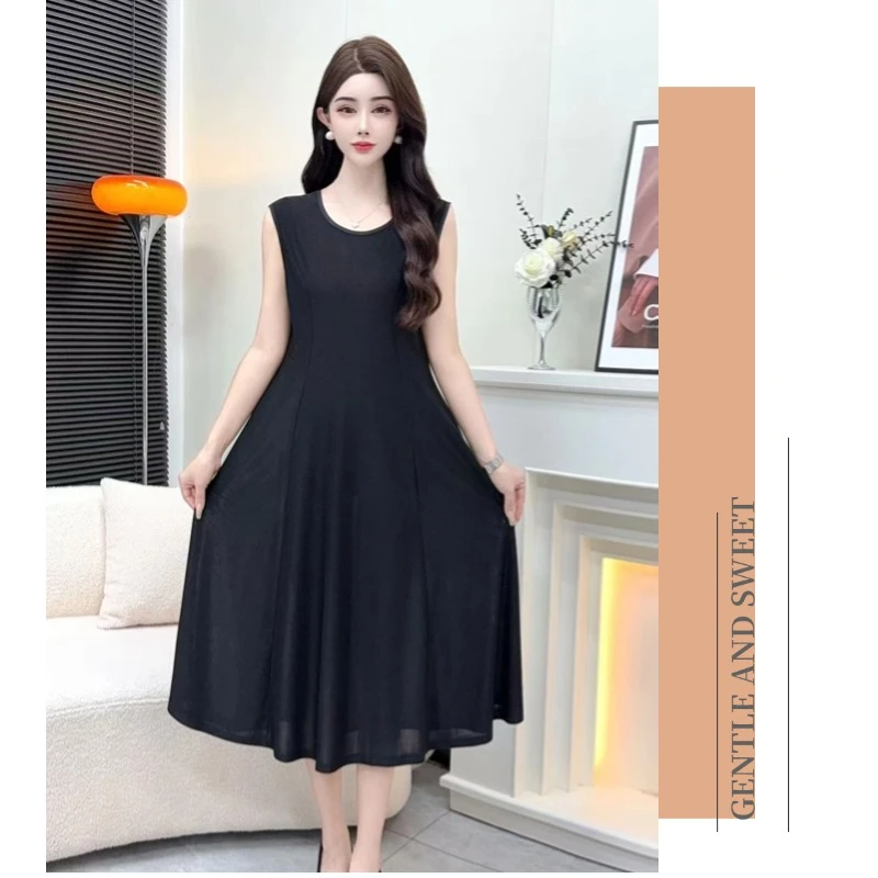 法式连衣裙无袖圆领冰麻水晶麻面料柔软舒适A版显瘦弹力时尚气质