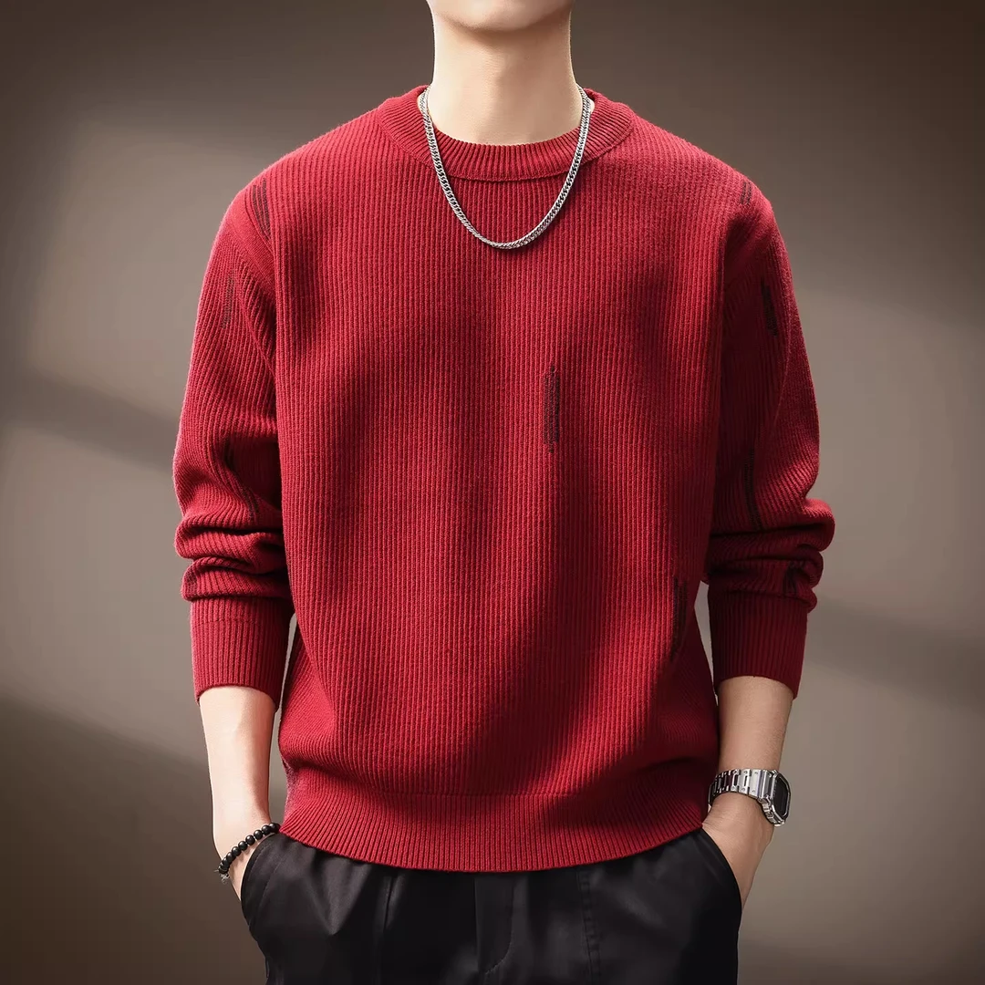 重磅柔软圆领针织毛衣男秋冬新款潮流百搭慵懒风宽松休闲红色上衣