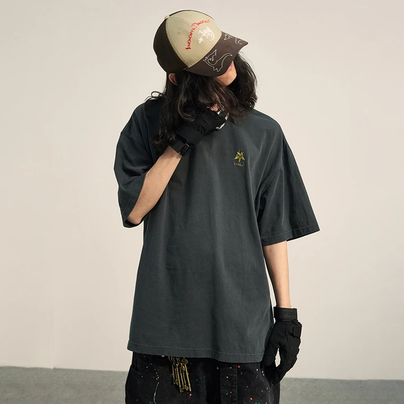 POH「希腊」染色做旧古着刺绣短袖T恤男质感落肩宽松打底上衣