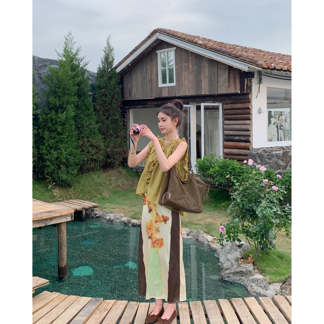 【赵小小&泰勒画展】缎面印花高腰显瘦复古直筒中长款半身裙28365