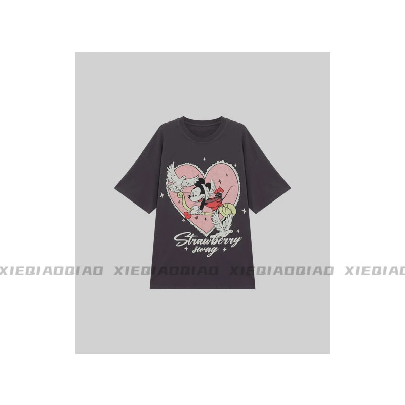 谢荞荞「飞鸽米奇」做旧水洗色爱心米奇印花图案宽松短袖百搭T恤