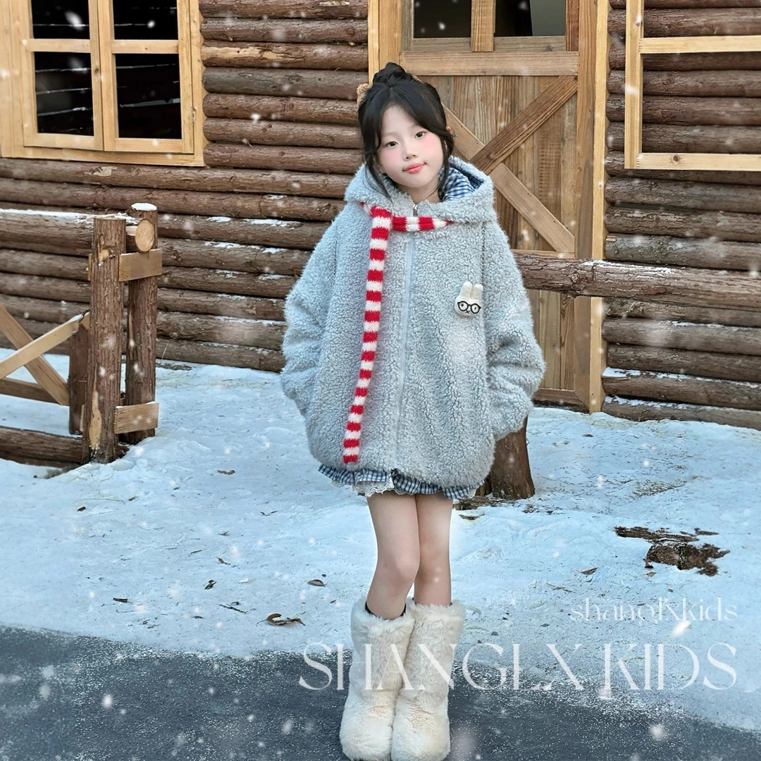 女童秋冬季夹棉毛毛衣2025新款8-15岁中大童洋气拼接格子保暖外套