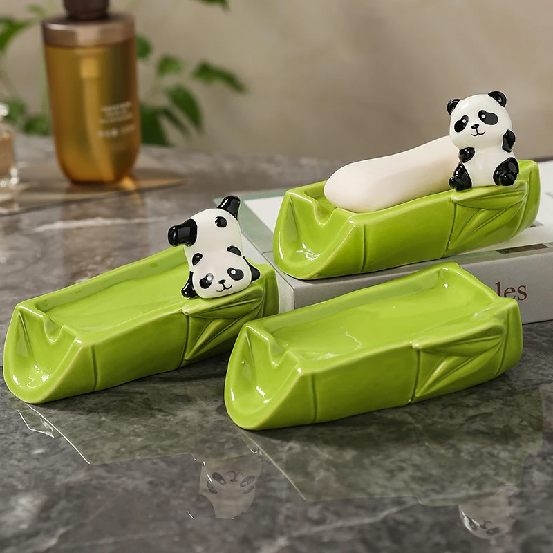 可爱熊猫肥皂盒陶瓷沥水不积水卡通洗手台免打孔不积水沥水肥皂盒