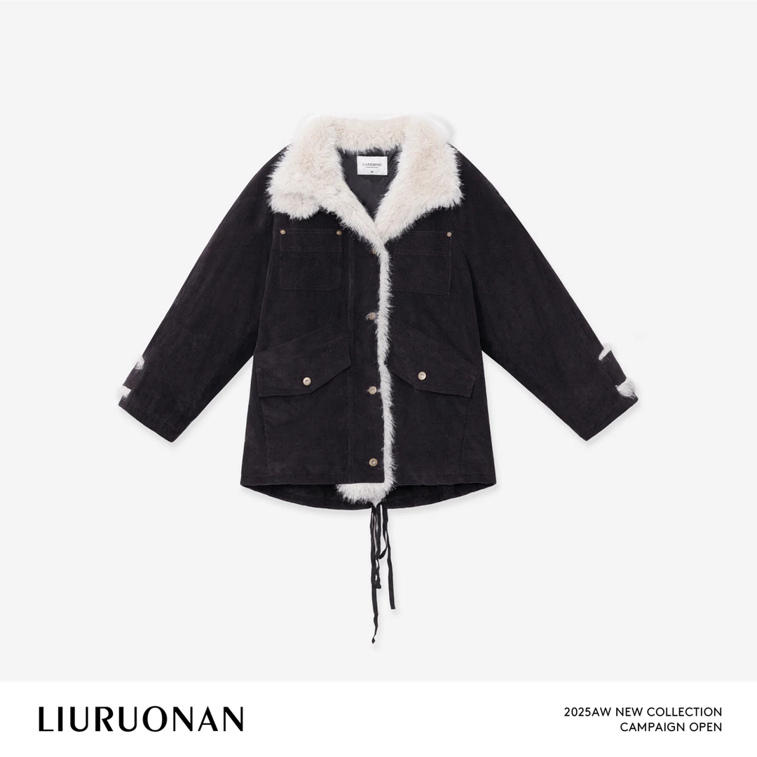 LIURUONAN 25WIN【复古拼毛绒领】极简翻领单排扣抽绳长袖羽绒服女