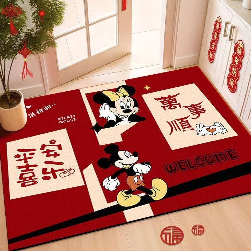 米奇米妮进门玄关新年红色水晶绒入户地垫除尘地垫过道门口脚垫