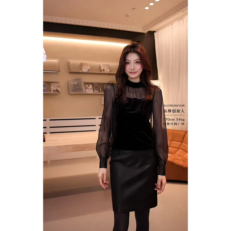 【ALONESAVOR】龍喜儿 小夜曲轻熟欧根纱拼接立领绒面小衫L670