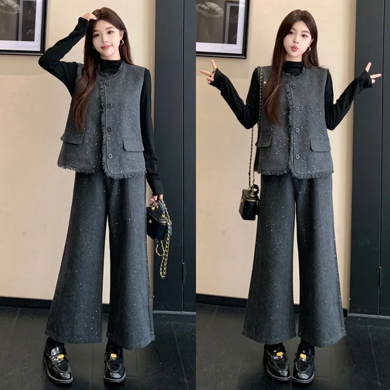 大码胖mm秋冬新款韩版时尚气质小香风马甲+显瘦阔腿裤三件套装女