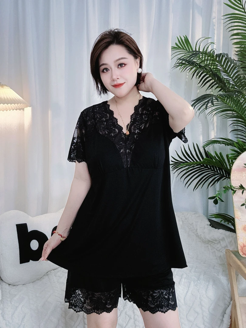 初初家性感纯欲蕾丝带胸垫夏季冰丝凉感短袖短裤大码宽松显瘦