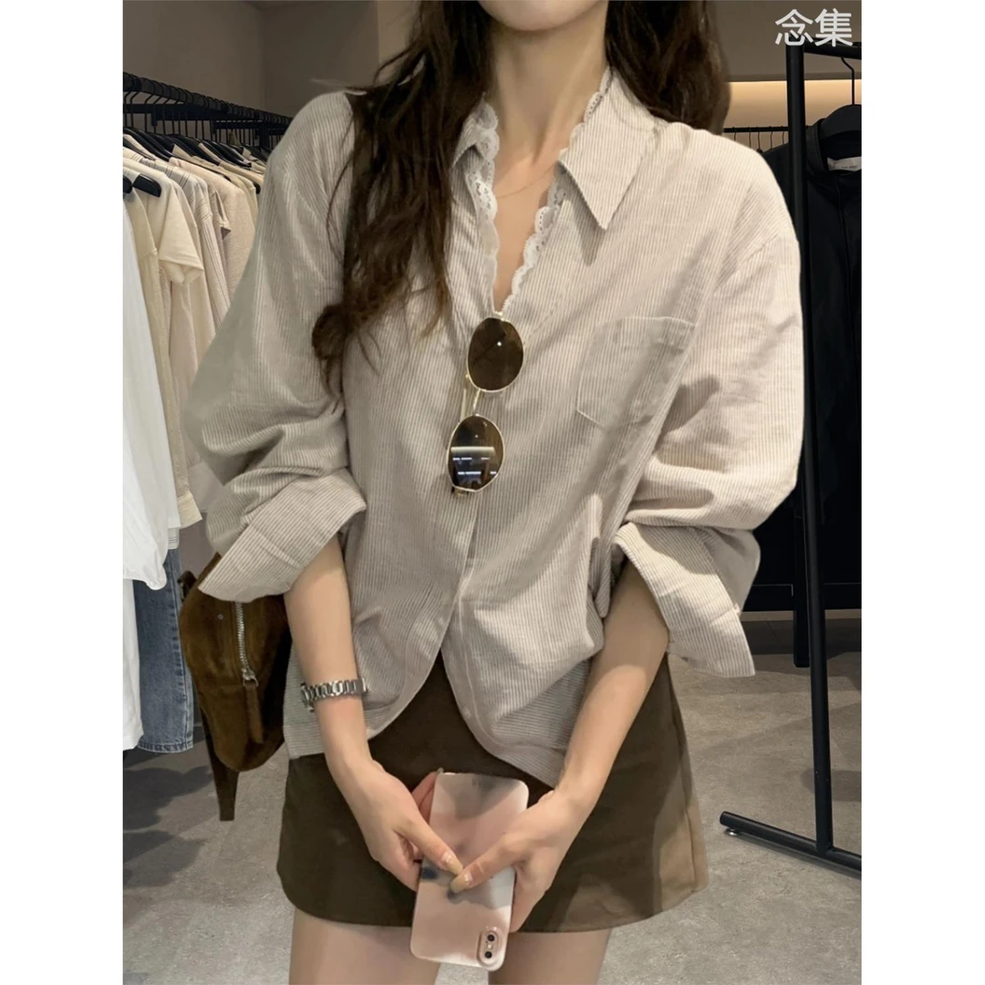 十三行2025早秋新款韩系条纹设计感蕾丝拼接翻领长袖衬衫上衣女