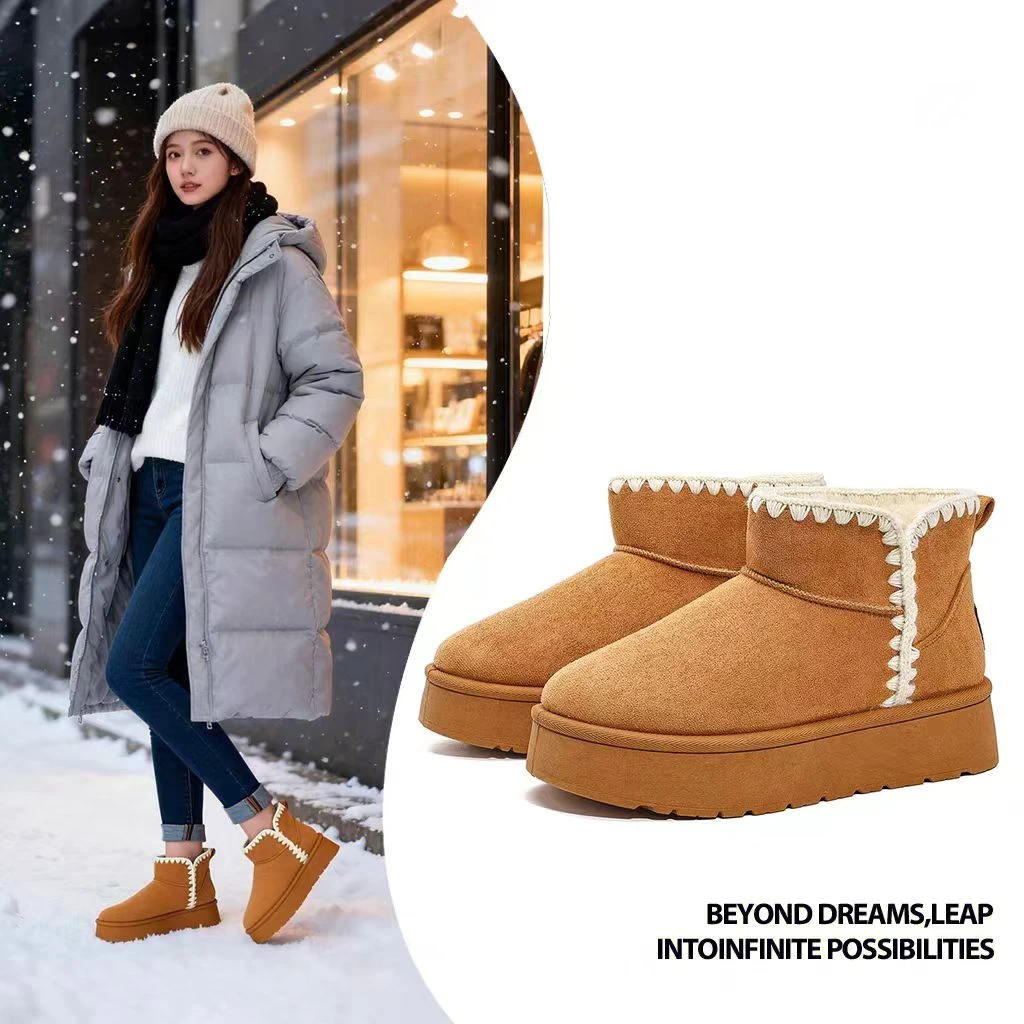 【万达撤柜】皮毛一体雪地靴针织花边2025冬季新款厚底短筒棉鞋Y