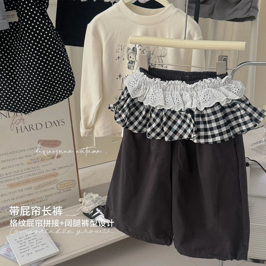【大小卷】儿童新品格纹屁帘拼接女童休闲阔腿裤-71089