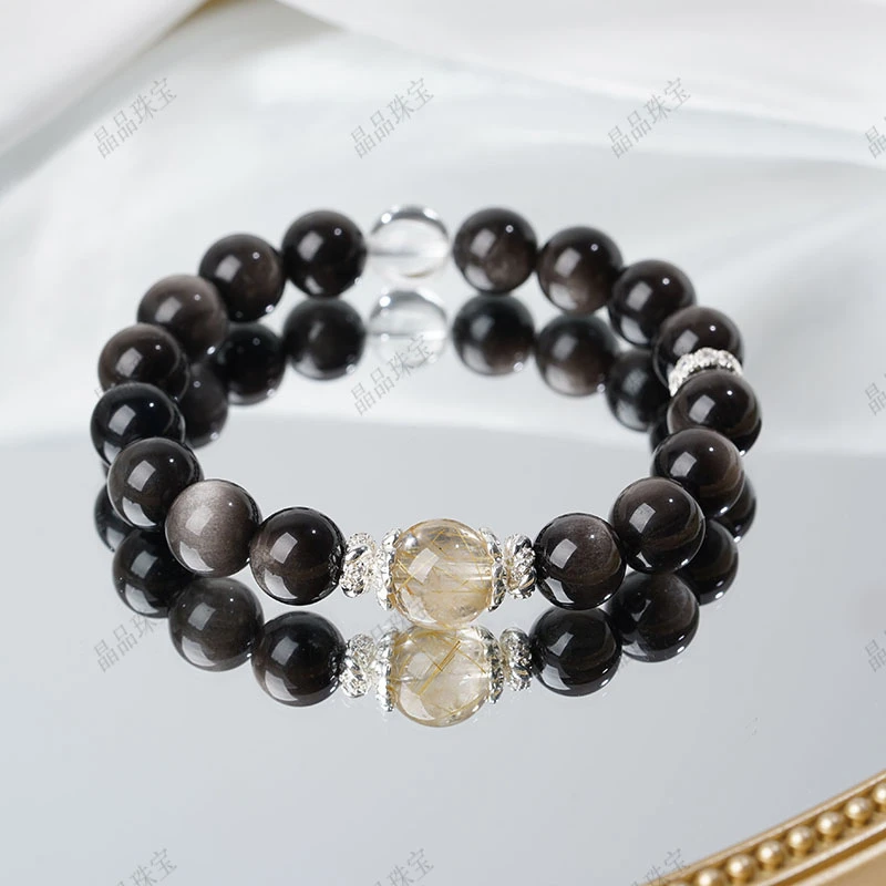 【岁岁安】天然黑耀石银耀石10mm原创设计手链多样性发其一