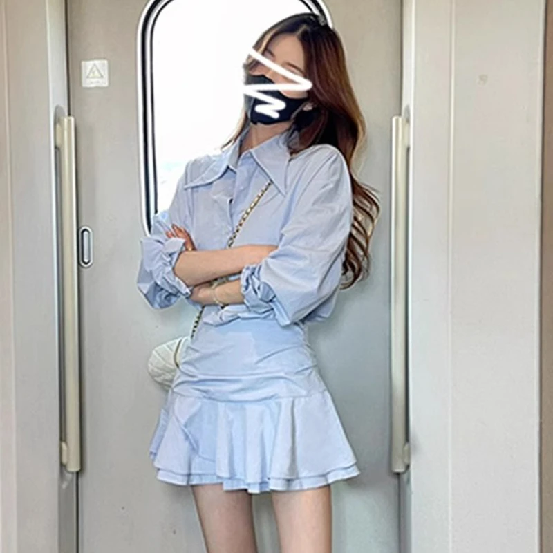 蓝色假两件长袖衬衫连衣裙春季2025新款气质修身短裙D0398