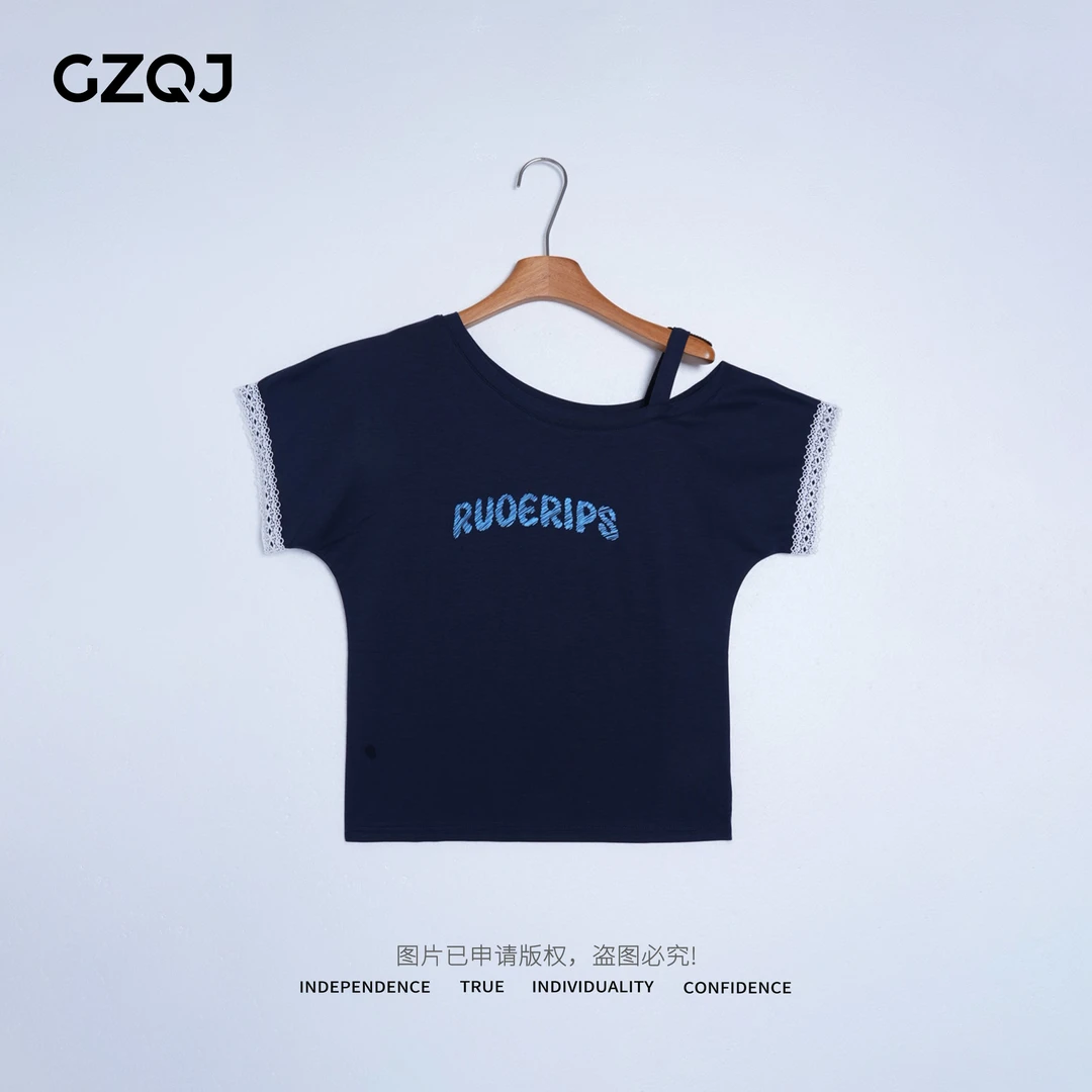 老琴私服 【蓝调露肩】欧若风时尚高级感拼接短袖T恤女夏   16041