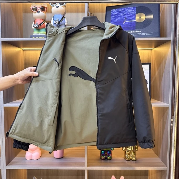 （双面棉服）秋冬新款男士修身休闲时尚百搭连帽薄棉棉服夹克-7786