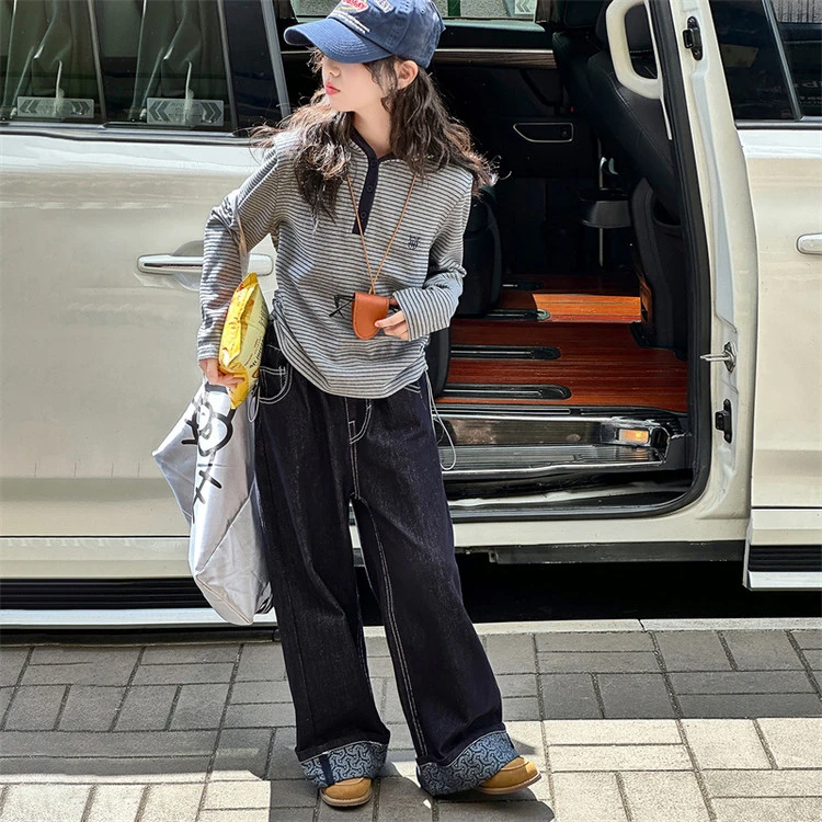 女童春秋款韩版休闲连帽条纹卫衣套装中大童时髦洋气儿童网红秋装