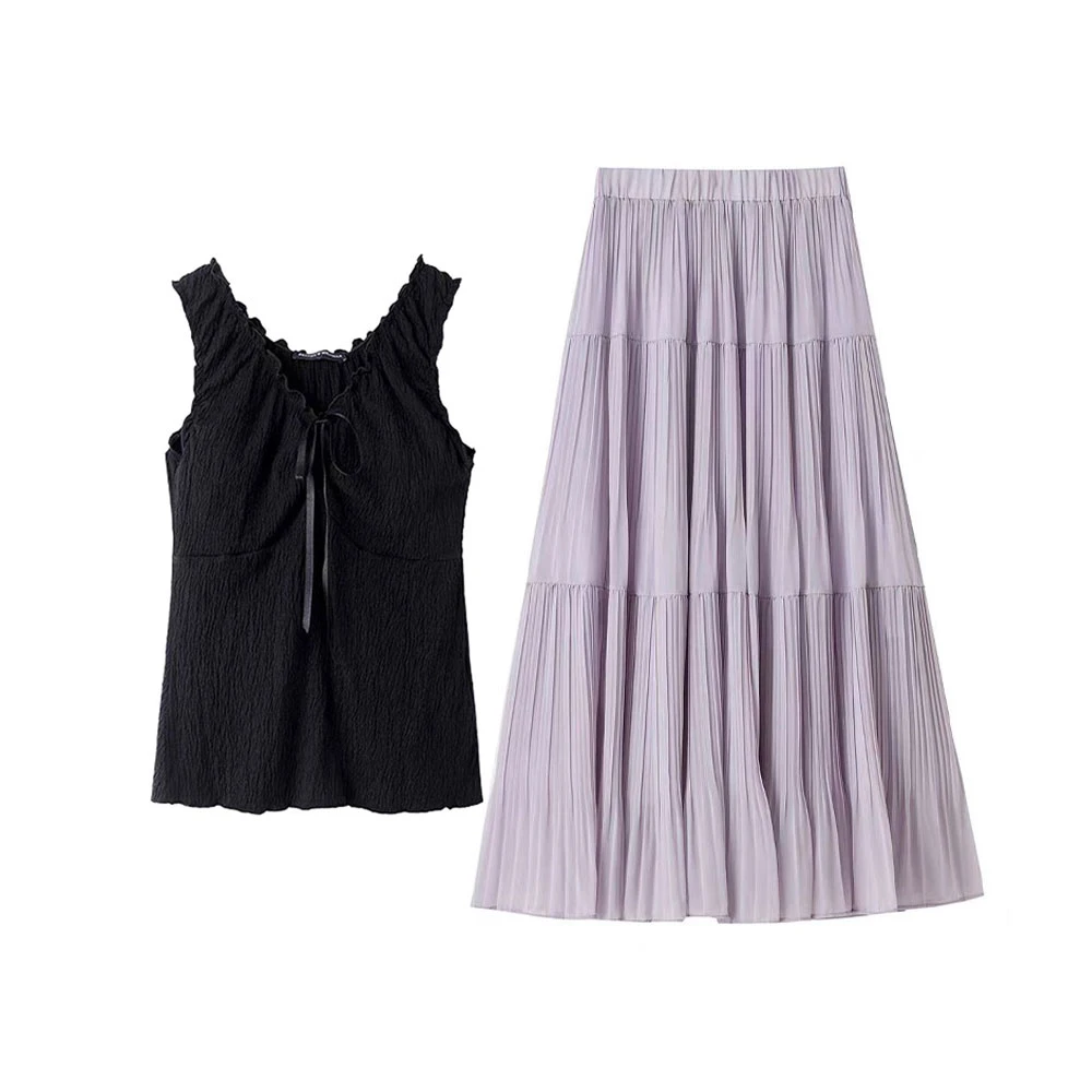 韩系时尚黑色吊带背心气质高级感高腰半身裙套装女夏季