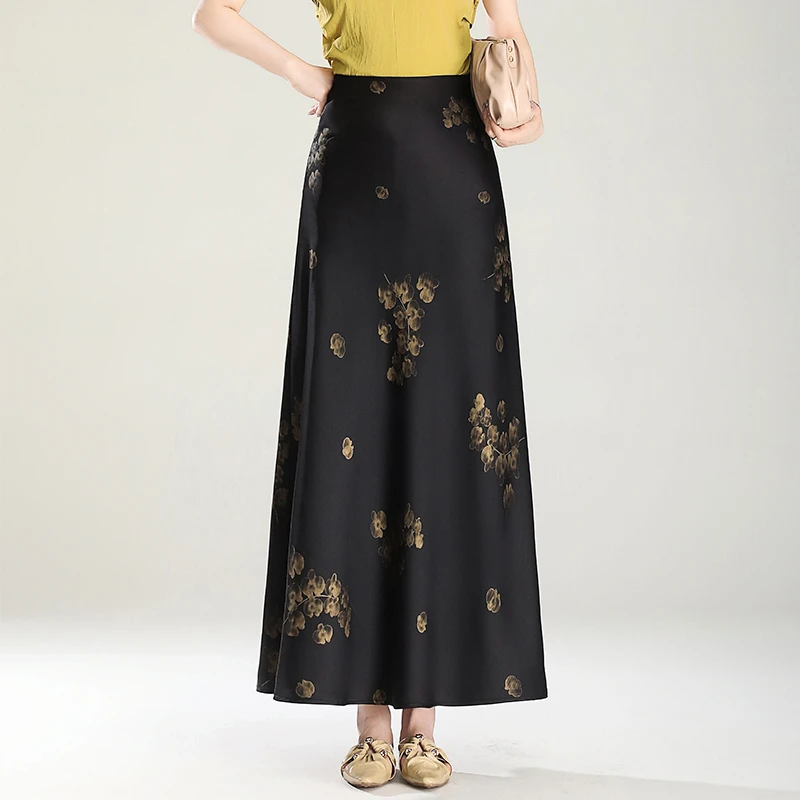 高腰印花垂感a字长裙女2025年春夏季新款显瘦国风复古缎面半身裙