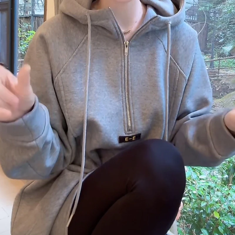 休闲百搭半拉链加绒加厚连帽卫衣女装2025春季新款慵懒风宽松上衣