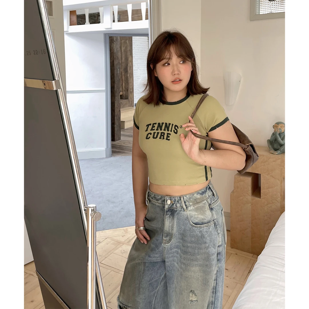 晶咕白标~短款美式立体撞色刺绣辣妹风T恤女早春大码修身上衣