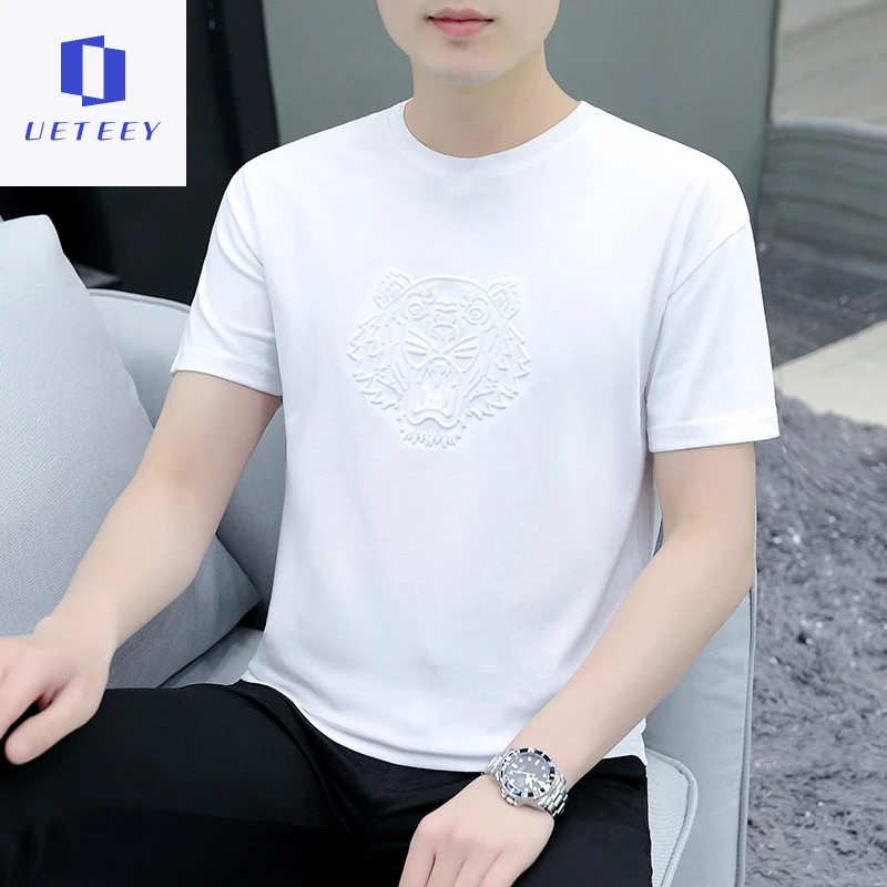 夏季简约风潮流百搭短袖T恤新款男士纯色老虎头钢印休闲半袖上衣