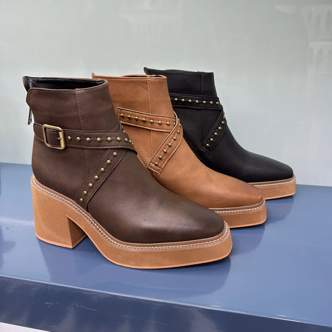 3321-2骑士靴拉链粗跟冬短靴方头靴子厚底休闲舒适秋冬高跟百搭