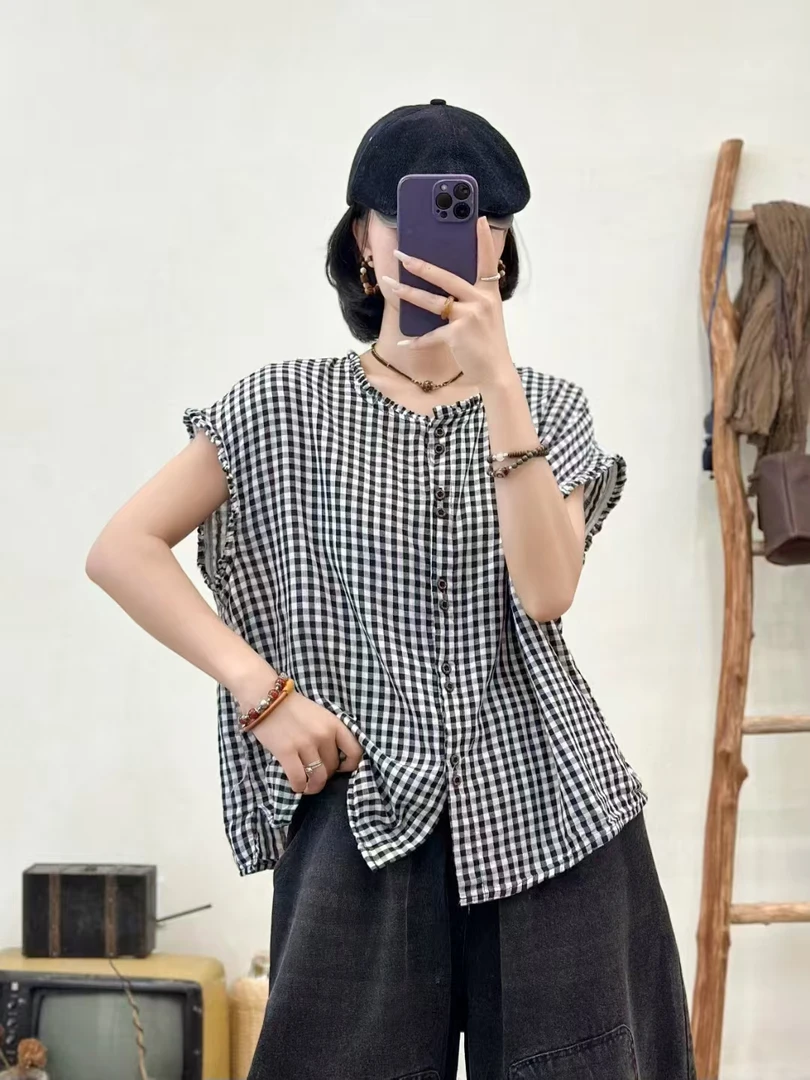 夏季新款复古百搭短款小格子短袖花边衬衫女国风圆领休闲上衣